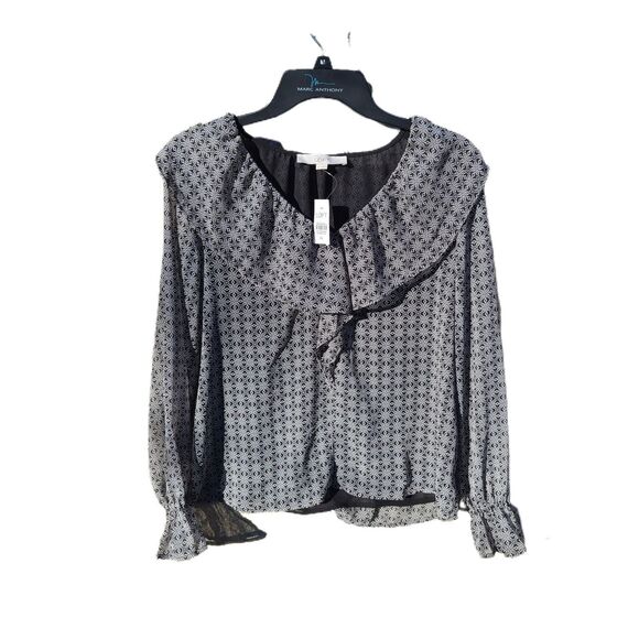Loft -588 NWT Geo V-Neck Ruffle Blouse Navy Extra Small - Picture 2 of 6